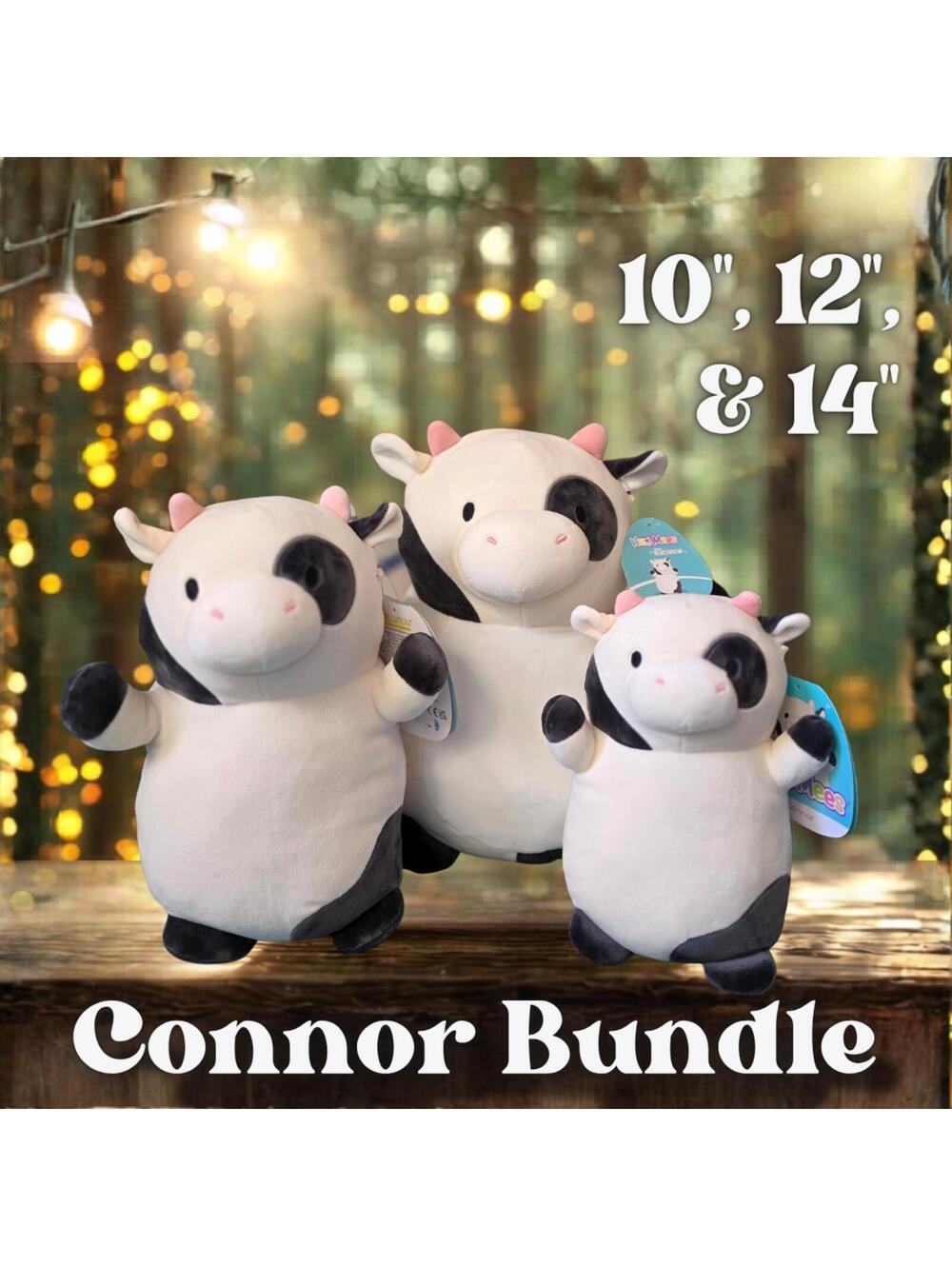 NWT RARE Squishmallows Hugmees Connor the Cow Bundle | 10" 12" 14"